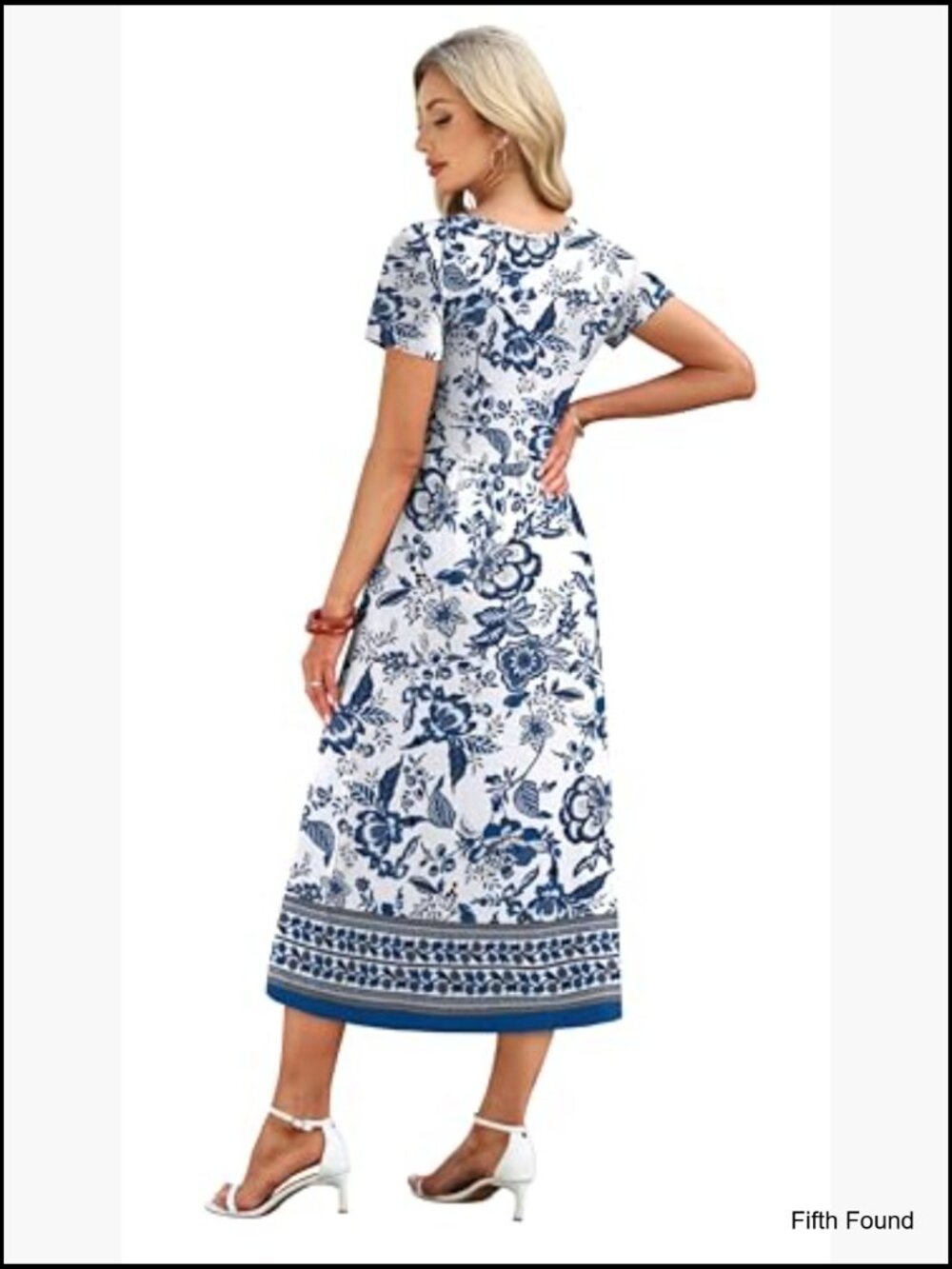 Flowy A-Line Midi Dress Short Sleeve V-Neck with Pockets Casual Sundress S-2XL - Picture 5 of 7